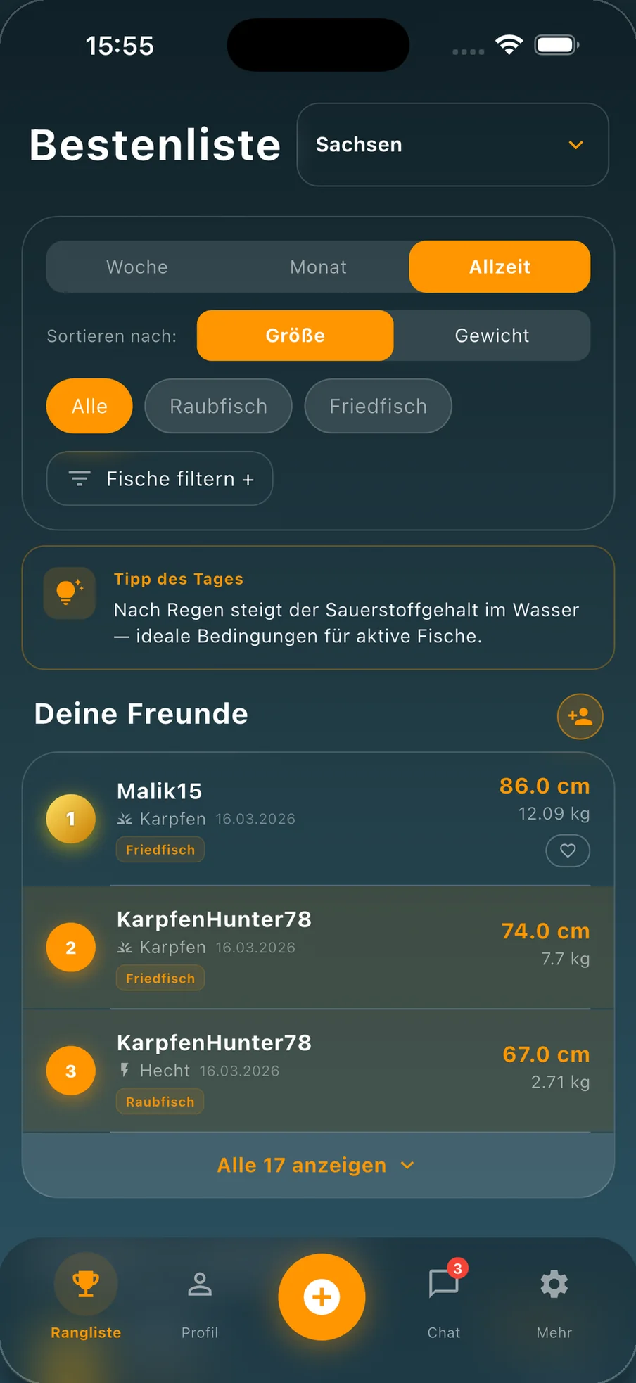 Bestenliste mit Freunden, filterbar nach Zeitraum und Fischart